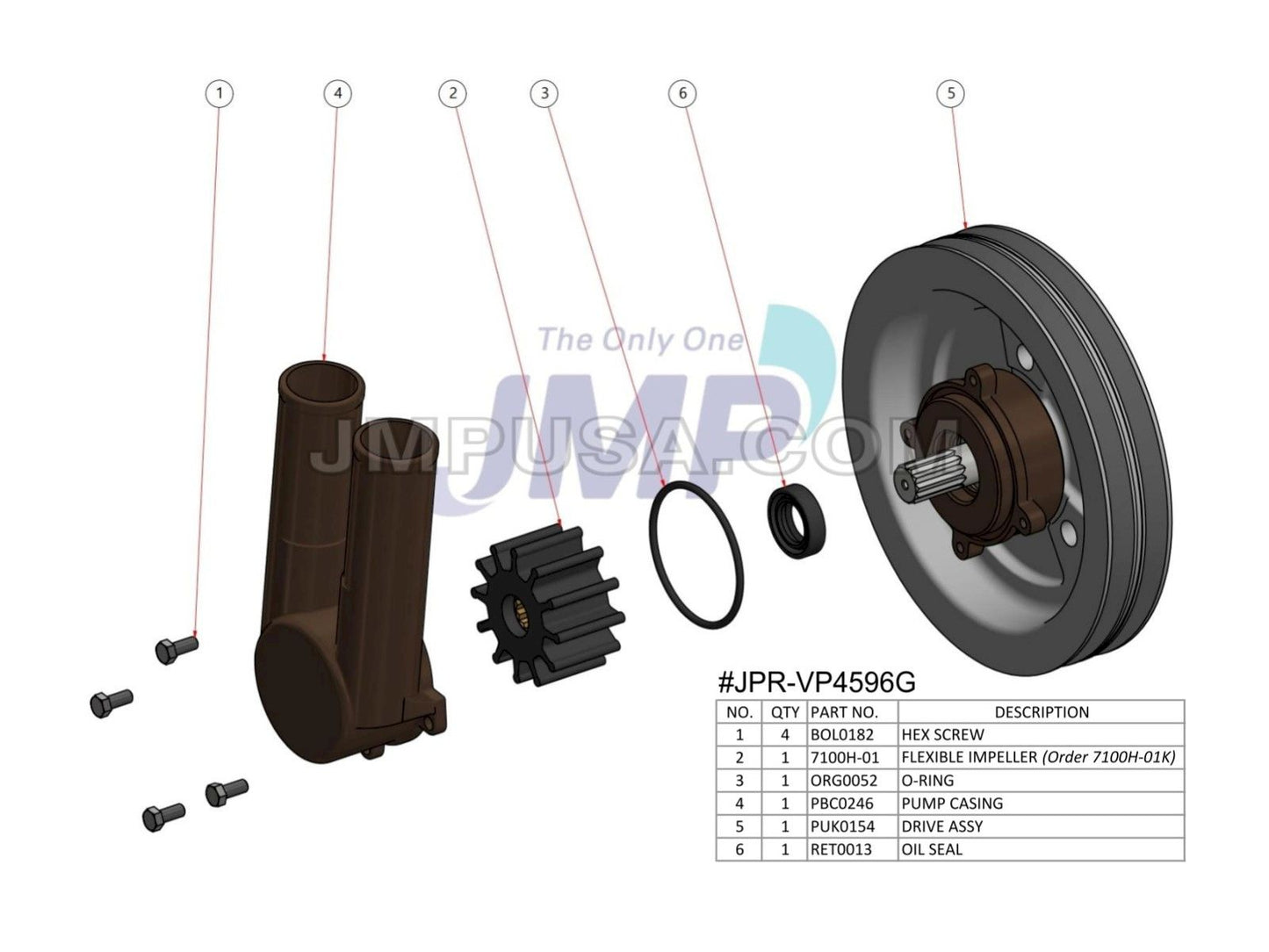 JPR-VP4599G JMP Marine Raw Water Pump for Volvo Penta Gasoline Engines – Front View