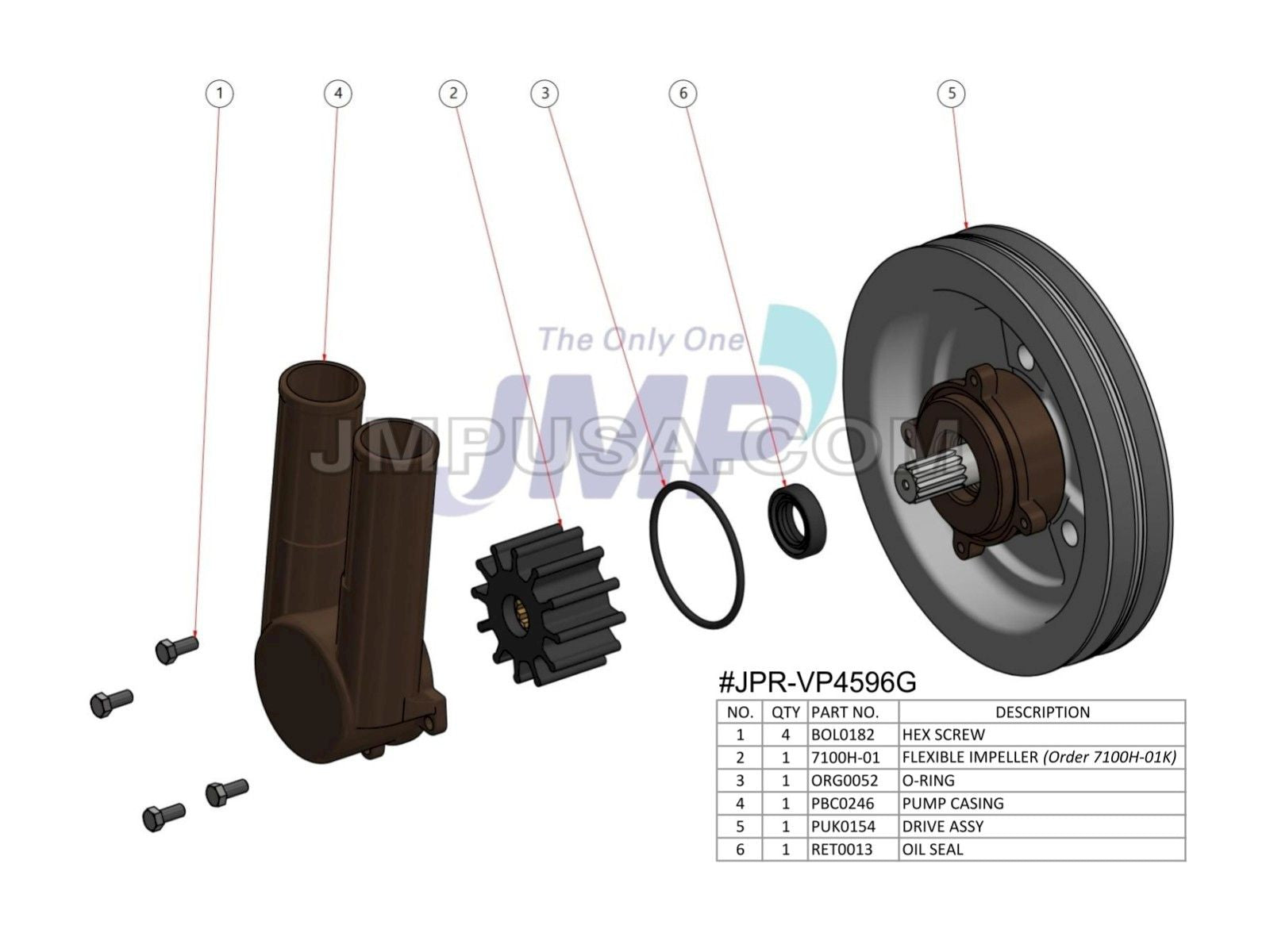 JPR-VP4596G JMP Marine Volvo Penta Replacement Seawater Pump - Front View